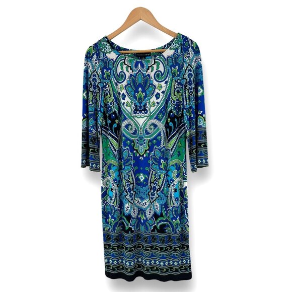 Size 12 Blue Green Paisley Print Shift Dress Classy Day/Evening Office Career - Picture 2 of 4